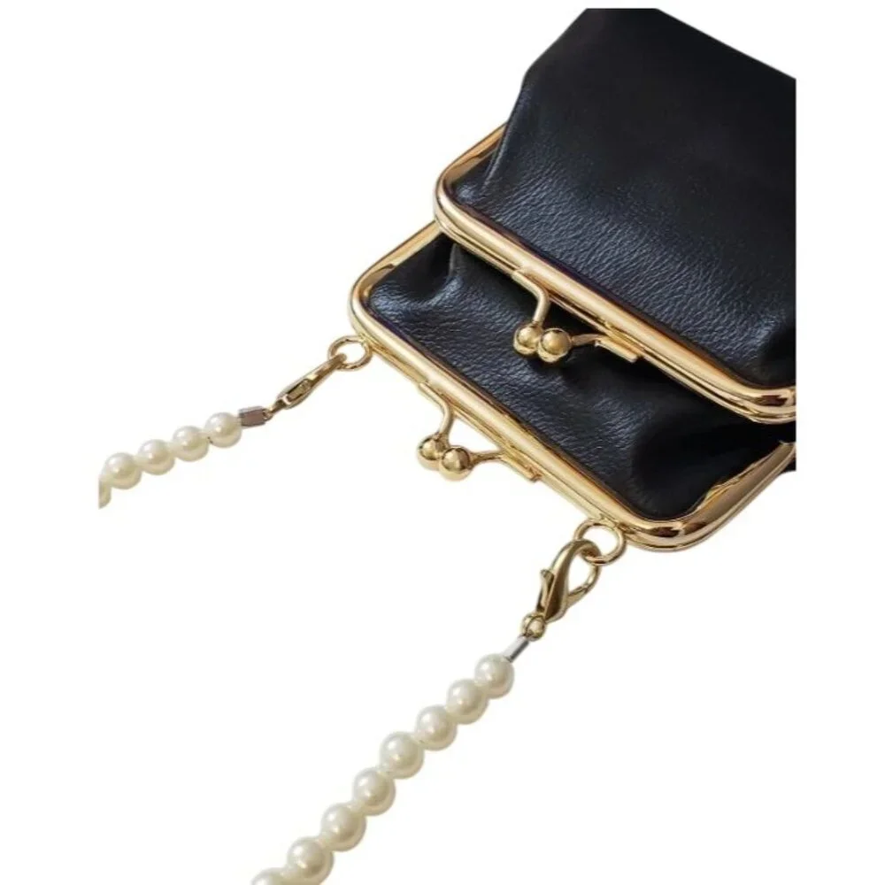 Double Kisslock Pearl crossbody strap vegan leather Black handbag
